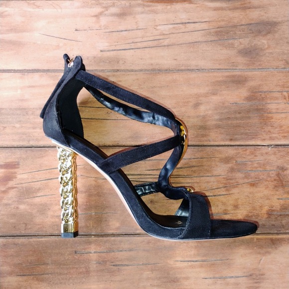 FSJ Women Flower Gold Metal Chain Chunky High Heels Ankle Strap Sandals
size 12 - Picture 4 of 5